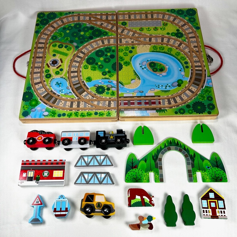 Melissa & Doug 17 Pc Wooden Take-Along Tabletop Railroad Portable Box Train Set